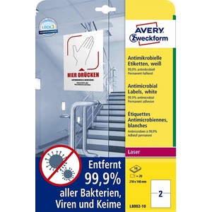 AVERY Антимикробни етикети 210 x 148 бели мм, 20 бр (L8002-10)