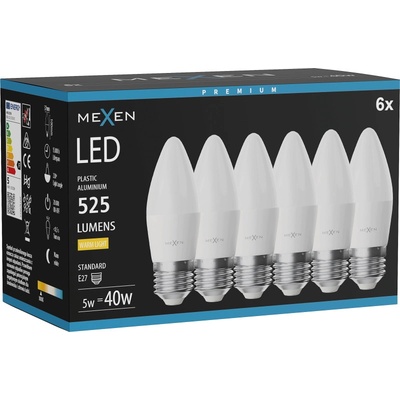Mexen Nova 6x LED крушка E27, C37, 5W, Топла - 3000K, 525 lm - L102-E27-0530-01x06 (L102-E27-0530-01x06)