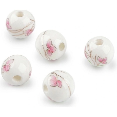 Porcelánové korálky s květy Ø10 mm, malé, 2 růžová květ