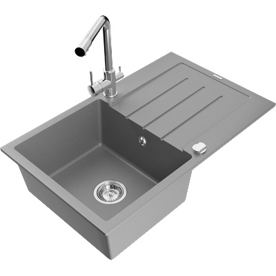 Mexen Bruno гранитна кухненска мивка с една камера с отцедник и кухненски смесител Duero, сив - 6513-71-671600-00 (6513-71-671600-00)
