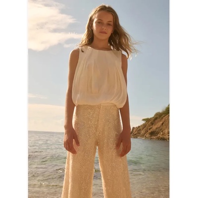 Abel & Lula Стилен комплект сатенен потник и дълъг панталон с пайети в кремав цвят за момиче Abel&Lula