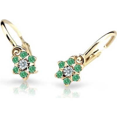 Danfil dětské náušnice kytičky C2152 ze žlutého zlata s kamínky Emerald Green zapínání brizura