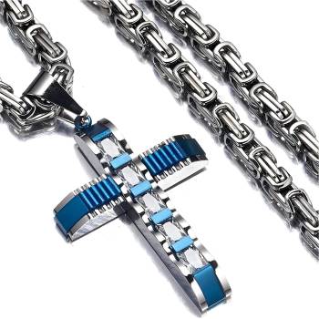 HARAHU Мъжка верижка с кръст dj-38731 - Синя / Сребриста / 60см kp38731 (dj-38731)