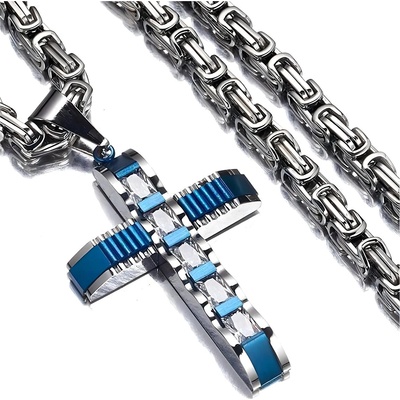 HARAHU Мъжка верижка с кръст dj-38731 - Синя / Сребриста / 60см kp38731 (dj-38731)