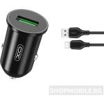XO Бързо зарядно 18W за кола XO car charger TZ12 QC 3.0 1x USB black + USB-C cable, Черен (TZ12)