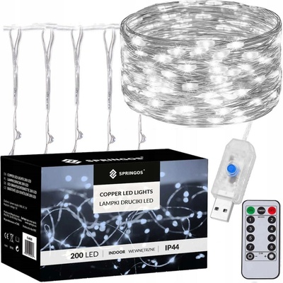 SPRINGOS LED Nano světelný závěs 2x2m 200LED 8 funkcí ovladač USB IP44 studená bílá