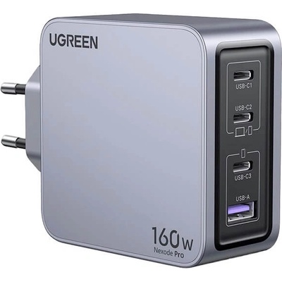 UGREEN Захранване за ел. мрежа за лаптопи, смартфони и таблети с USB-A и 3xUSB-C изходи с технология за бързо зареждане - Ugreen Nexode Pro GaN Fast Wall Charger 160W (тъмносив) (25095 (UGR1838))
