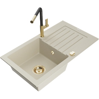 Mexen Pablo гранитна мивка с една камера с отцедник и кухненски смесител Flora, бежов - 6510-69-670401-57-G (6510-69-670401-57-G)