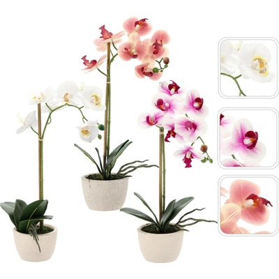 Umělý orchidej v květináči, mix 3 barev, 43 cm