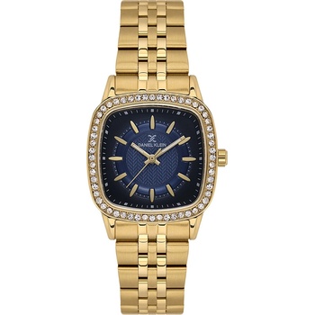 Daniel Klein DK. 1.13944-3 Premium, Дамски часовник- Правоъгълен корпус с кристали, черно-син циферблат, златна верижка от неръждаема стомана