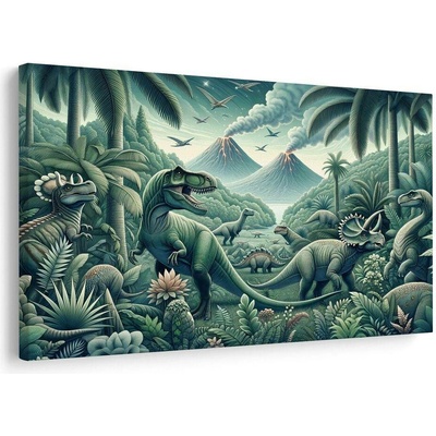 Obraz dinosauři v pralesní krajině se sopkami - 120x80
