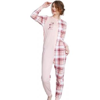 Дамска пижама гащеризон в розово с кариран десен