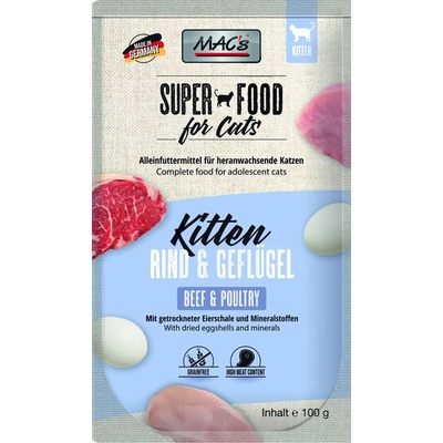 MAC's Super Food For Cats - Премиум пауч за подрастващи котки, без зърно, с пилешко и говеждо месо, 100 гр