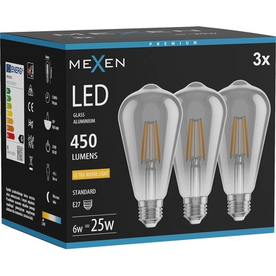 Mexen Vintis 3x LED филаментна крушка E27, ST64, 6W, Топла - 2200K, 450 lm, димно (L152-E27-0622-70x03)