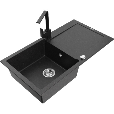 Mexen Leo гранитна мивка с 1 отделение с отцедник и кухненски смесител Rita, черен/сребърен металик - 6501-73-670300-70 (6501-73-670300-70)