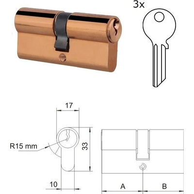 EURO 25/25mm, mosazná, 3 klíče, šroub M5x65mm, A = 25mm, B = 25mm