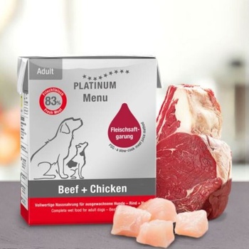PLATINUM Мокра храна за кучета Platinum Menu Adult Beef + Chicken с 48% Прясно пилешко месо, 35% Прясно Телешко месо и зеленчуци, 185 gr