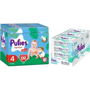 pufies Пелени гащи Pufies Fashion - Размер 4, 9-15 kg, 132 броя + мокри кърпи Pufies Clean Care, 12 х 64 броя (3800024036118+13800024027540)