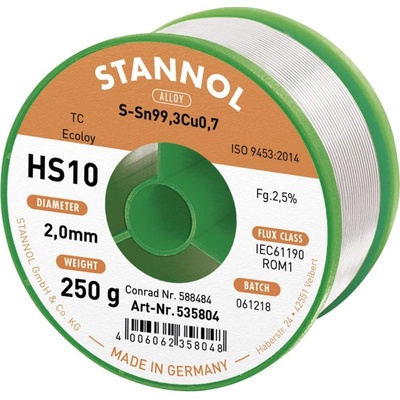 Stannol HS10 2510 spájkovací cín bez olova cievka Sn99,3Cu0,7 ROM1 250 g 2 mm