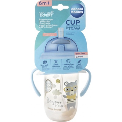 Canpol Babies nevylievací hrnček so slamkou a závažím Bonjour Paris modrý 270 ml