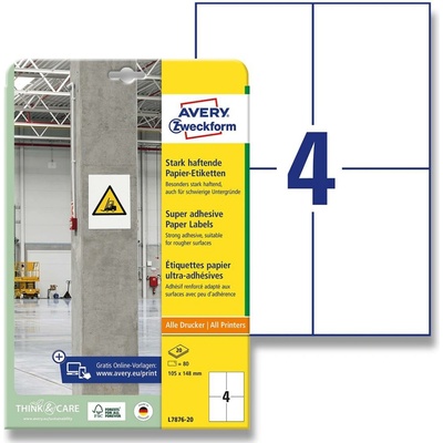 Avery Zweckform L7876-20 etikety s vysokou lepivostí 105 x 148 mm 80 etiket bílé