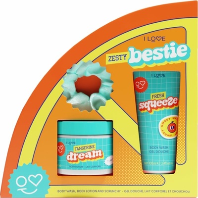 I Love Zesty Bestie sprchový gel 100 ml + tělové mléko 150 ml + gumička do vlasů 1 ks kosmetická sada