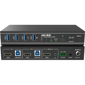 EVOCONNECT KVM суич 2x1, HDMI 4K@60, 18Gbps, HDCP2.3, HDR/HDR10/HDR10+/Dolby Vision, с RS232 и дистанционно (2portKVMswitch4K60)