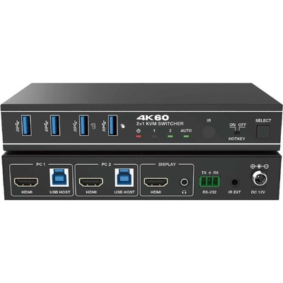 EVOCONNECT KVM суич 2x1, HDMI 4K@60, 18Gbps, HDCP2.3, HDR/HDR10/HDR10+/Dolby Vision, с RS232 и дистанционно (2portKVMswitch4K60)