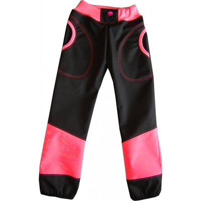 Dosupliku Dětské softshellové kalhoty REFLEXNÍ dinosauři růžová černá s neonově růžovou širší softshell