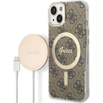 GUESS Комплект безжично зарядно устройство и кейс Guess GUBPP14MH4EACSW за iPhone 14 Plus 6.7"", кафяв / кафяв, твърд, съвместим с MagSafe, 4G Print (GUE002553-0)