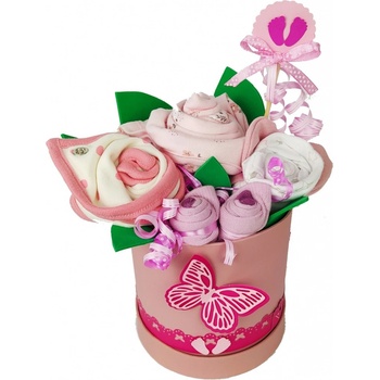 BabyDort plenkový dort růžová kytice k narození miminka - textilní květinový flower box