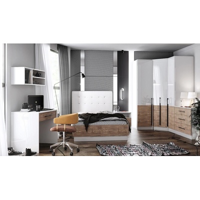 Мебели ДИМОВ Спален комплект с легло персон и половина Калифорния - Конфигурация №6 бял гланц / бял мат / антик