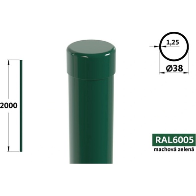 Plotový stĺpik 200 cm, priemer 38 mm, hr. steny 1,25 mm, machová zelená