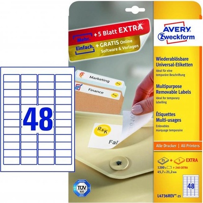 Avery-Zweckform L4736REV-25 45.7 x 21.2 mm papier biela 1440 ks premiestniteľné univerzálne etikety atrament, laser, kópie 30 listov A4; L4736REV-25