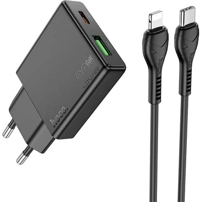 hoco. N38 зарядно устройство USB+Type-C гнездо 20W, тънко + Lightning кабел, ЧЕРНО N38 ЧЕРНО+КАБЕЛ (N38 BLACK+CABLE)