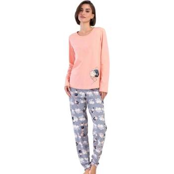Дамска памучна пижама в цвят праскова и сиво с овца