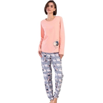 Дамска памучна пижама в цвят праскова и сиво с овца