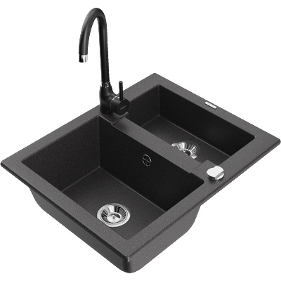 Mexen Carlos гранитна мивка 1, 5 отделения с кухненски смесител Telma, черен накапчен - 6518-76-670200-70 (6518-76-670200-70)