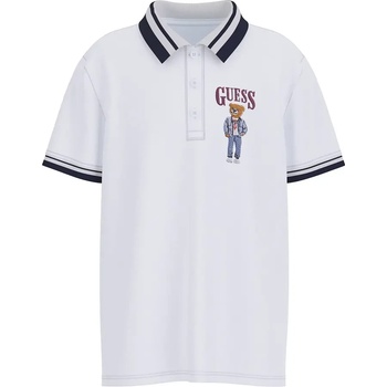 GUESS Бяла тениска с яка за момче с тъмно сини ивици и сладко мече Guess