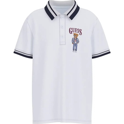 GUESS Бяла тениска с яка за момче с тъмно сини ивици и сладко мече Guess