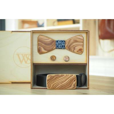 Wood Style Set Hranatý WS Modrotisk opasek motýlek a manžetové knoflíčky Hnědá Kořenice