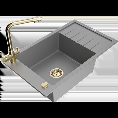 Elias единична кухненска мивка от гранит с отцедник и кухненски смесител Duero, сив - 6511-71-671600-50 (6511-71-671600-50)