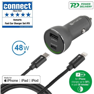 4smarts Fast Car Charger Set iPD (MFI) - зарядно за кола с USB и USB-C изход и сертифициран (MFI) Lightning към USB-C кабел за iPhone, iPad и устройства с Lightning порт (черен)