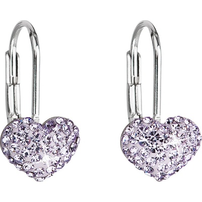 Evolution Group strieborné náušnice visiace s kryštálmi Swarovski fialové srdce 31125.3