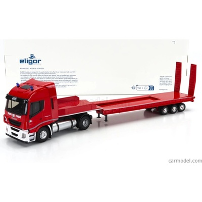 Eligor Iveco fiat Stralis Truck Rimorchio Pianale Trasporto Mezzi Movimento Terra Vigili Del Fuoco 2016 Red 1:43