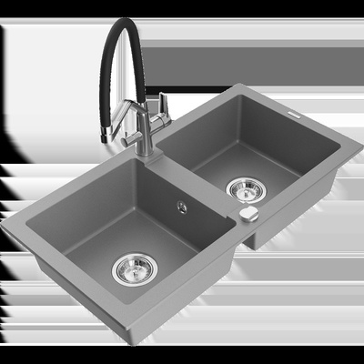 Mario гранитна мивка с 2 камери с кухненски смесител Duo, сив - 6504-71-671701-07 (6504-71-671701-07)
