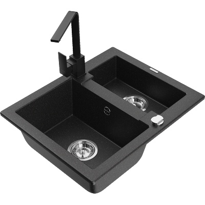 Mexen Carlos гранитна мивка с 1, 5 камери с кухненски смесител Rita, черен/сребърен металик - 6518-73-670300-70 (6518-73-670300-70)