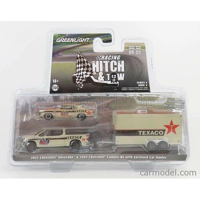 Greenlight Chevrolet Silverado Pick-up 2021 With Trailer + Camaro Rs Texaco Coupe 1969 Beige 1:64