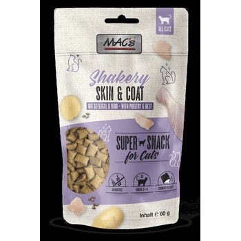 MAC's Mаc's Cat Shakery Skin & Coat - Премиум лакомство за котки, без зърно, за красива козина и кожа, снакс с пилешко, сьомга и говеждо