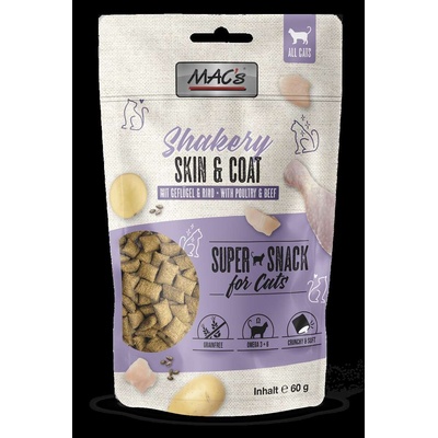 MAC's Mаc's Cat Shakery Skin & Coat - Премиум лакомство за котки, без зърно, за красива козина и кожа, снакс с пилешко, сьомга и говеждо